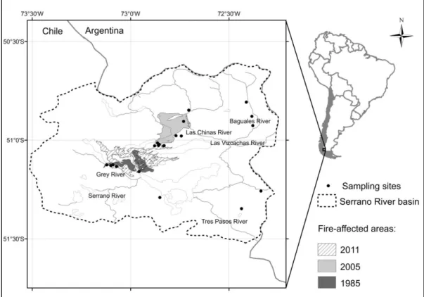 Figure 3. Location of the Serrano river basin, sampling sites, and fire-affected areas after  the three major fires