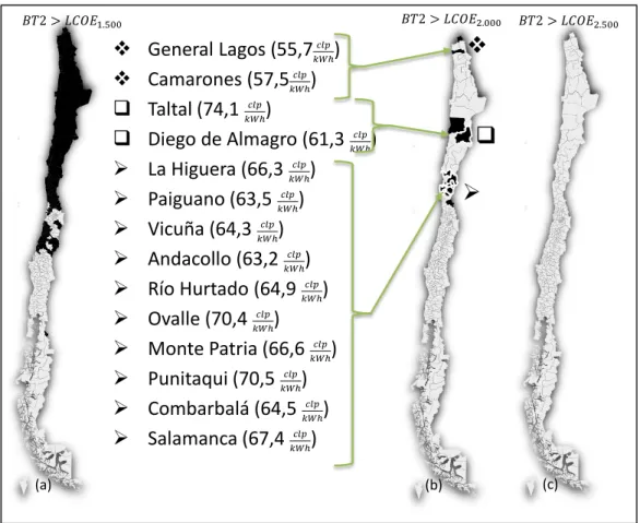 Fig.  1-9: Districts whose levelized cost is lower than energy rate BT2 for investment of  2.000 $USD/kW and 10% discount rate (district name; 