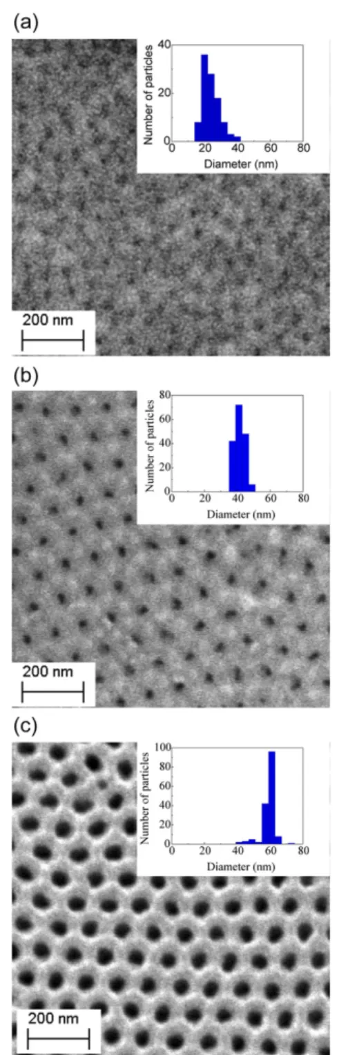 Figure 1. SEM images of the Co antidot arrays with average pore diameter d of (a) 20 nm, (b) 40 nm and (c) 60 nm