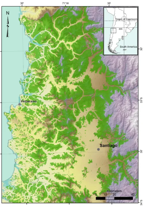 Fig. 5. In green, the predicted areas of potential degu habitat within the degu’s range, and within the similar climate zone to the study site, in the Metropolitana and Valparaiso administrative regions