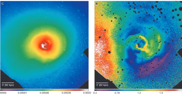 Figure 1 | X-ray image of the core of the Perseus cluster. a, X-ray surface brightness in units of counts per second per pixel (colour scale), obtained in the 0.5–3.5 keV energy band from Chandra observations