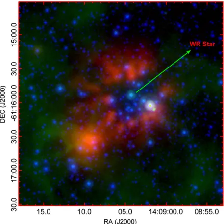 Figure 1. Three-color K s , GLIMPSE 8 μm, and MIPS 24 μm images of the region around Wolf–Rayet star WR60-6.