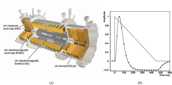 Figure 1: (a) Cut-away view of the liquid argon calorimeter. (b) Signal shape as produced in the electromagnetic barrel (triangle), and after shaping (curve with dots)