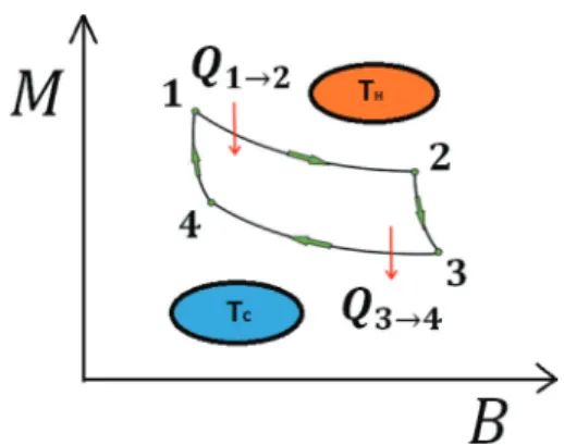 FIG. 6. (Color online) Magnetization of the system changes as a function of the applied external magnetic field, along two isothermal and two isoentropic trajectories of the cycle