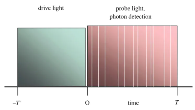 Fig. 1. Drive–probe measurement. Detection of probe-induced fluorescence pulses; alternative single-photon detection of fluorescence or detection of absorption.