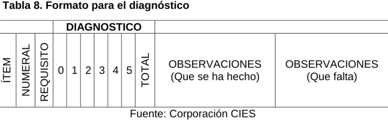 Tabla 8. Formato para el diagnóstico  DIAGNOSTICO 