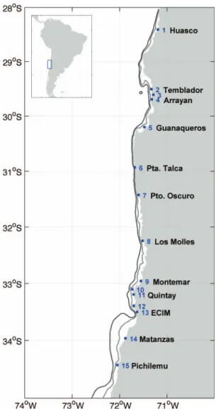Figure 1. Location of the 15 study sites in central-northern Chile (see also Table 1)