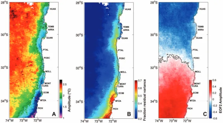 Figure 5. Latitudinal pattern in thermal response to wind variability. (A) Maximum cross-correlation between daily in situ temperature anomalies and alongshore wind stress, (B) time lag (days) corresponding to the maximum cross-correlation