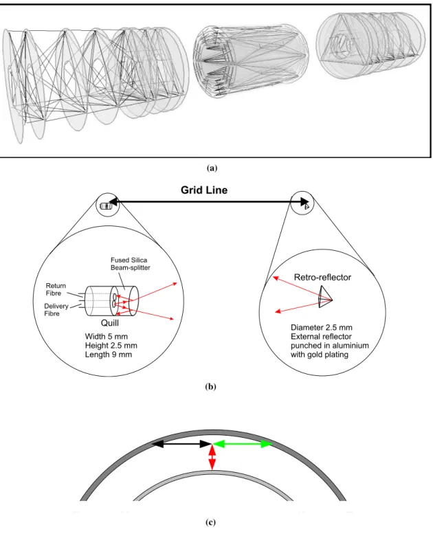 Figure 4. (a) The FSI grid layout across the SCT volume. (b) The grid-line interferometer design for the FSI system