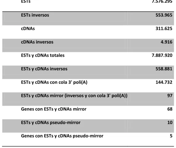 TABLA  II. Búsqueda de mirrorRNAs en datos de cDNAs y de ESTs de humano. 
