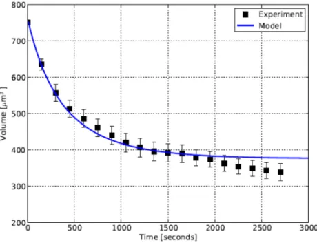 Figure 2.3 shows the time evolution of the nucleus volume observed from experi- experi-ments, reported by the mean value and standard error