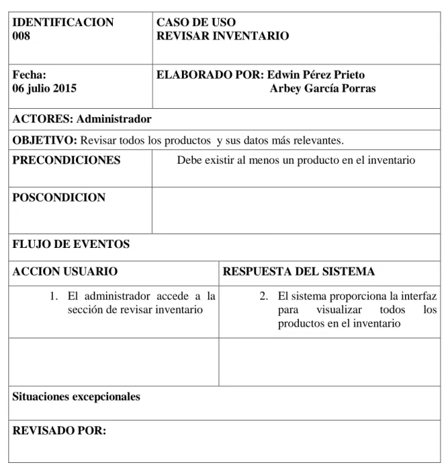 Tabla 11  Revisar inventario  IDENTIFICACION  008  CASO DE USO   REVISAR INVENTARIO  Fecha:  06 julio 2015 