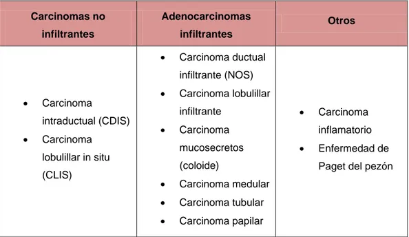 Tabla  I. Clasificación tipos de cáncer de mama. Fuente: Organización  Mundial de la Salud