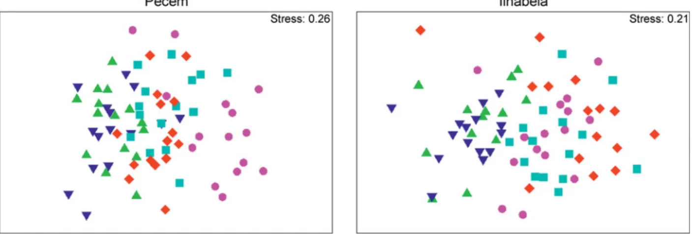 Figure 5. Comparison of cnidarian assemblages between Pecém and Ilhabela (Brazil) based on nMDS between sample periods (green triangle = February 2011, blue inverted triangle = May 2011, light blue square = August 2011, red diamond = November 2011, magenta