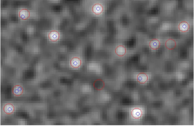 Figure 7. Small section of the simulated map shown in Fig. 4, illustrat- illustrat-ing the cross-match between extracted and input sources