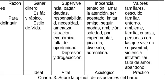 Cuadro 3. Sobre la opinión de estudiantes del barrio. 