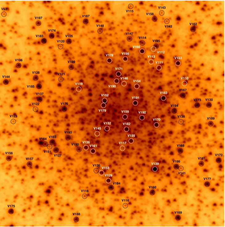 Fig. 7. NGC 6441: finding chart constructed from the reference image marking the positions of the variable stars