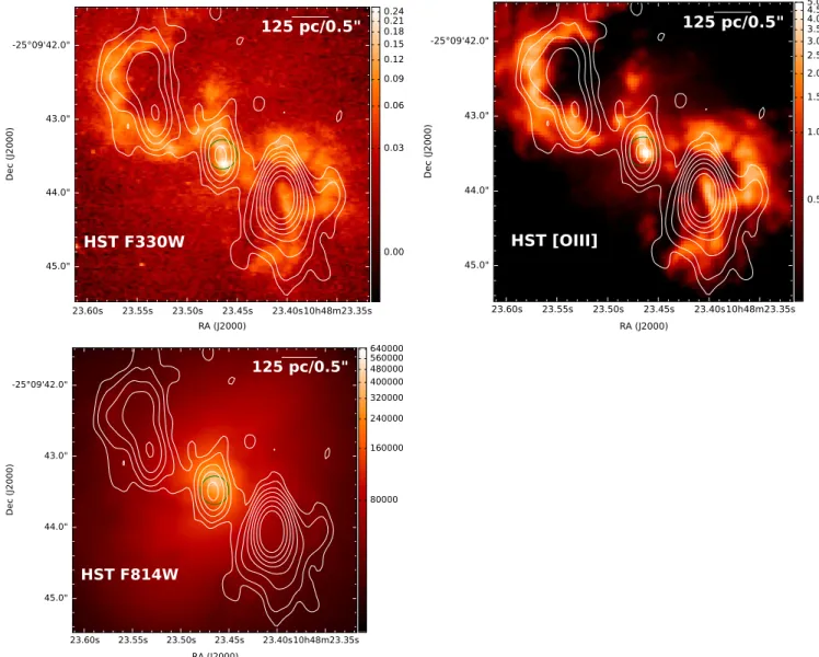 Figure 5. HST image of the nuclear region of NGC 3393 compared to VLA 8.4 GHz radio contours for the 330W, [O III ], and 814W ﬁlters