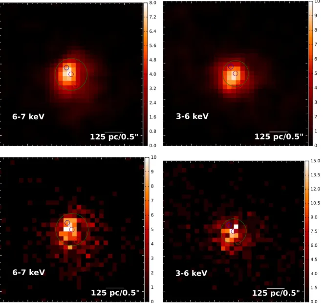 Figure 8. Stacked X-ray image with 3.1× deeper imaging rebinned to 1/4 pixel (0 ″.125) resolution with 0 ″.25 smoothing (top) or no smoothing (bottom)