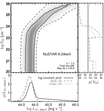 Figure 3. Example of the two-dimensional probability distributions of L 10 - 40 keV and N H for a single NuSTAR 8 –24 keV detection (main panel), based purely on the observed 8 –24 keV counts and background and assuming no a priori knowledge of L 10 - 40 k
