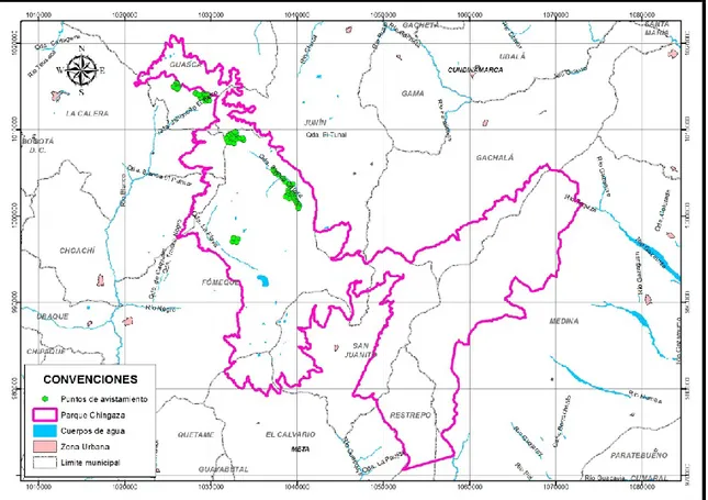 Figura 3. Mapa de localización del venado cola blanca en el Parque Chingaza producto  de avistamientos (salidas  de campo, reportes de Ramos (1995) y Mateus (2014)) 
