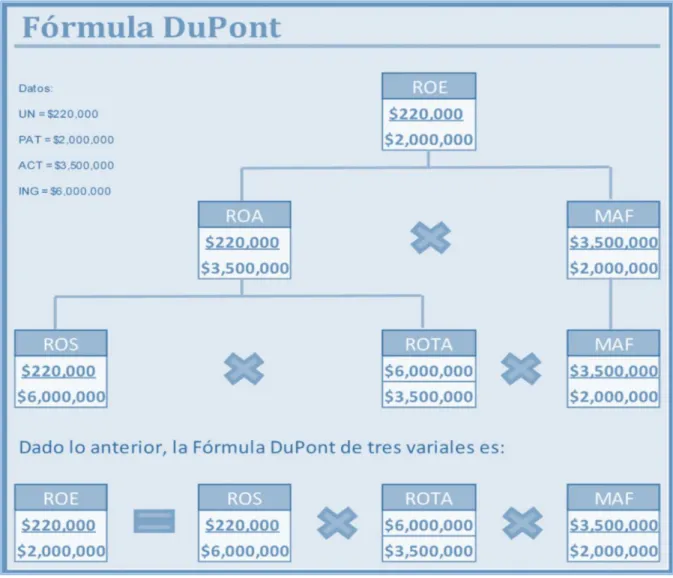 Figura 8: Ejemplo representativo de la Fórmula DuPont. Desarrollo del cálculo del análisis  Financiero mediante la Fórmula DuPont con presentación de valores