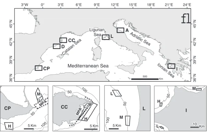 Fig. 1. Map of the study areas. The detailed maps below include the sites with differentﬁshing effort within each area