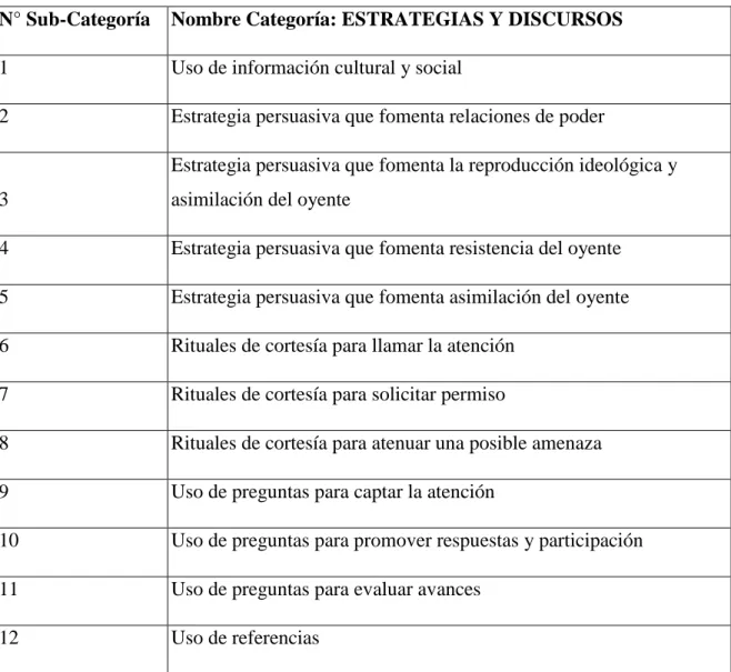 Tabla N° 17: Categorías y Subcategorías.  