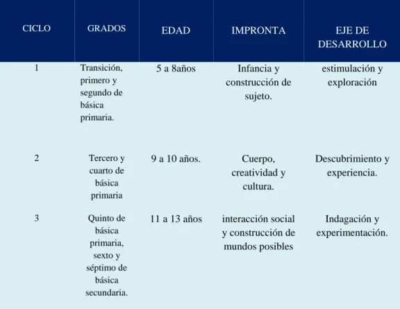 Tabla 3: Ciclos curriculares por grado del C.E.D.R  Arrayanes. 