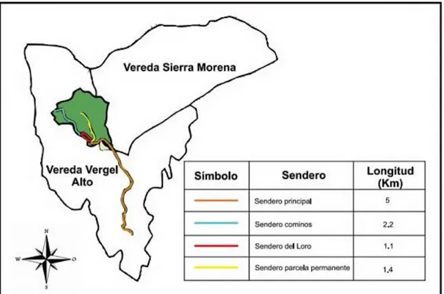Figura 6. Distribución de los senderos en el área de estudio en Cubarral, Meta. Reserva Natural Las  Palmeras