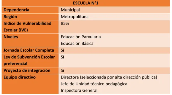 Tabla 1.1: Resumen del contexto Escuela n°1 