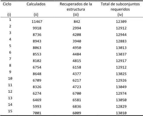 Tabla 1 Número de subconjuntos evaluados por ciclo  Ciclo  (i)  Calculados  (ii)  Recuperados de la estructura (iii)  Total de subconjuntos requeridos (iv)  1  11467  842  12309  2  9918  2994  12912  3  8736  4208  12944  4  8943  3940  12883  5  8063  49