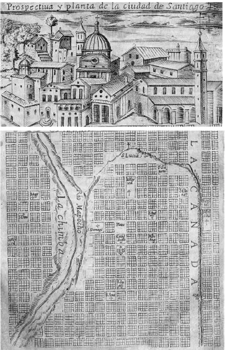 Fig. 62 Alonso de Ovalle,  Visión Imaginaria  de  Santiago  (s.XVII).  En  la  prospectiva  se  observan  la  cúpula  de  la  iglesia  de  la  Compañía,  la  torre  de  San  Francisco  y  los  Portales de la Plaza Mayor.