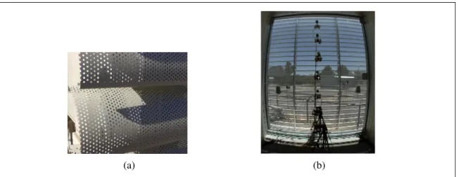 Figure 3.5. Perforated undulated louvers. (a) Perforation pattern. (b) Out- Out-door visibility of CFS.