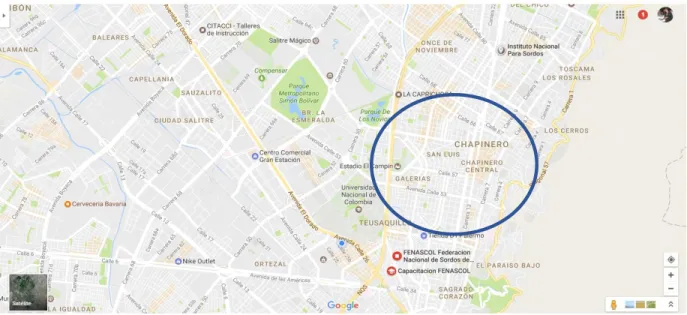 Figura  que indica la zona de afluencia  de la ubicación de la oficina. Fuente: Google Maps
