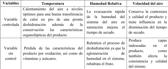 Tabla 3: Efecto del sistema de control en el proceso de deshidratación del mango. 