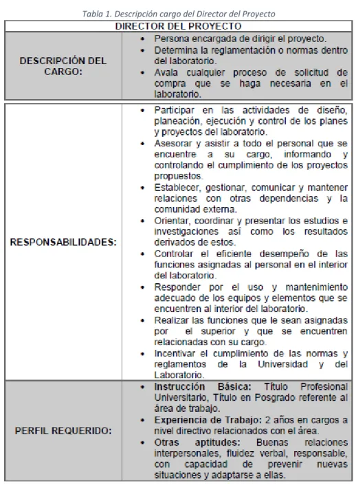 Tabla 1. Descripción cargo del Director del Proyecto 