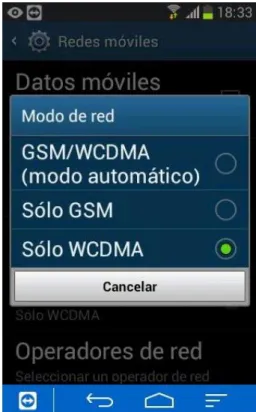 Fig. 3.2 Configuración del terminal móvil para que utilice 3G. 