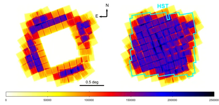 Figure 4. Mosaic of exposure maps for the new observations (left) and for the whole COSMOS-Legacy survey (right) in the full band