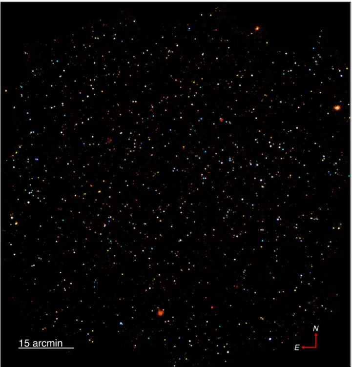 Figure 5. Three-colored image of the whole COSMOS-Legacy ﬁeld (0.5–2.0 keV, 2.0–4.5 keV, and 4.5–7.0 keV as red, green, and blue, respectively).
