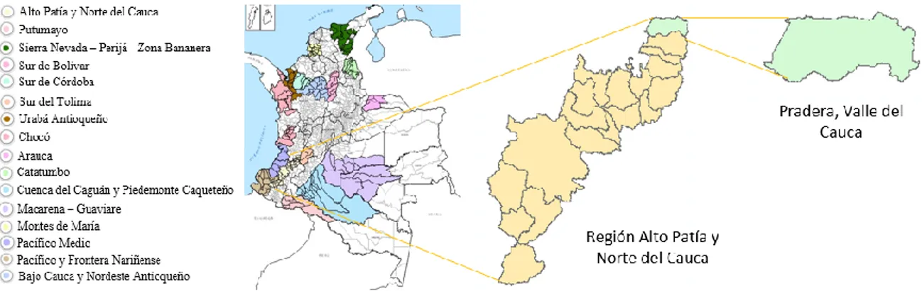 Figura 1. Regiones y municipios PDET (2017).   Fuente: Especiales de presidencia y autora, Colombia Renace 