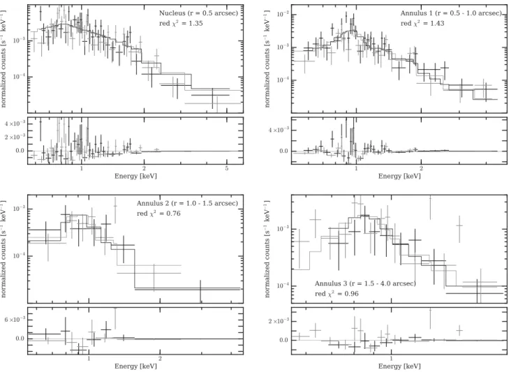 Figure A1. Chandra X-ray spectra extracted from the nuclear region and from the three annuli, for ObsID 14381 (black) and ObsID 13966 (grey)