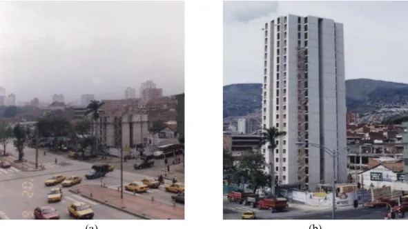 Figura 1.1. Edificio construido en Medellín - Colombia con el Sistema FORSA   (a) Día 6 de Junio; (b) Día 4 de Junio.