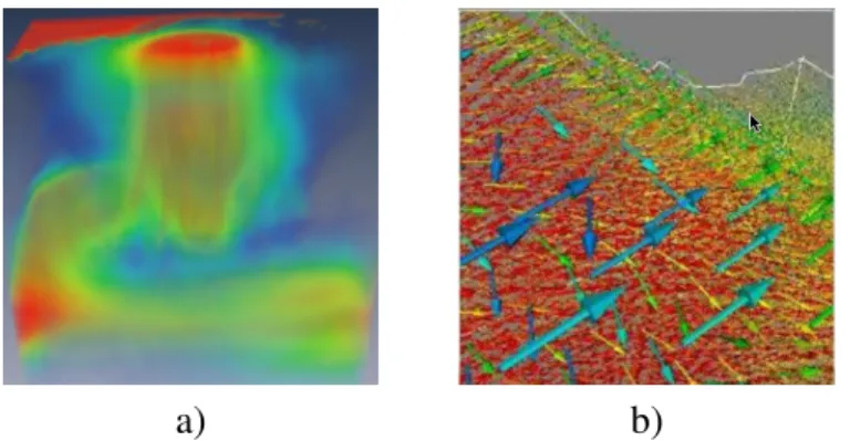Figura 1.11: Visualización directa de campos vectoriales. a) campo escalar que representa la magnitud del campo vectorial
