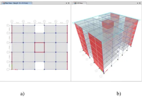 Fig. 3.2 Edificio modelado en ETABS. a) Vista en planta b) Vista en 3-D.