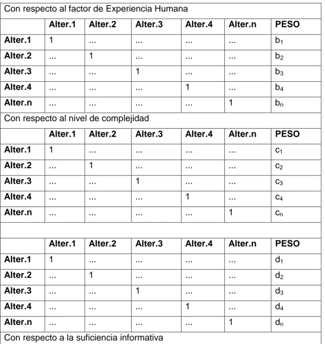 Tabla 2.5: Matrices de Comparación de las técnicas y pesos asociados. 