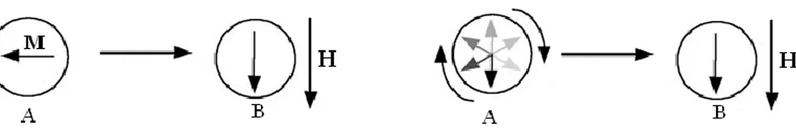 Figura  I-9:  Cambio  de  magnetización  de  una  partícula  de  dominio  único,  y  magnetización fija (izquierda) y magnetización azarosa (derecha) : Pese a que en  ambos casos la magnetización de la partícula se alinea con el campo magnético externo H, 