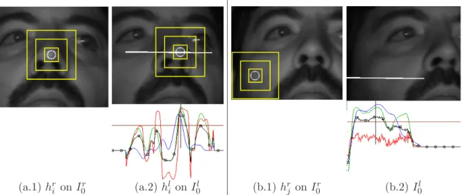 Figure 4.10: A feature candidate h r i on image I 0 r (a.1), and its correspondence h l i on image I 0 l over the epipolar line (a.2)