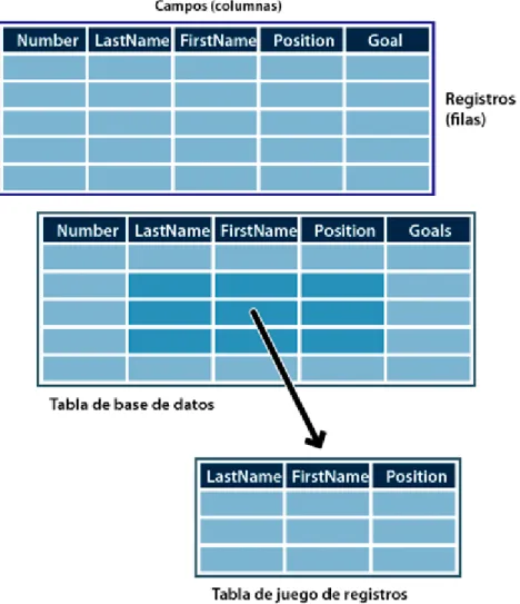 Figura 5.  Modelo de una tabla de base de datos y juego de registros. 