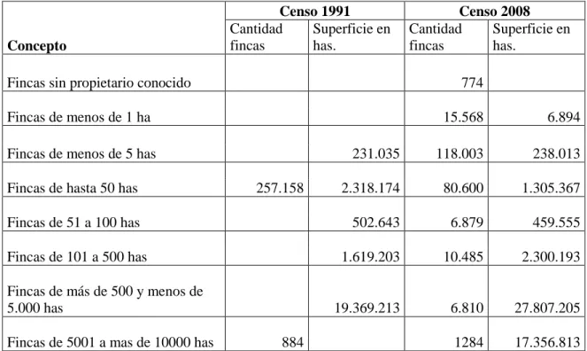 Tabla 1: Fincas según los censos de 1991-2008 por cantidad y superficie 